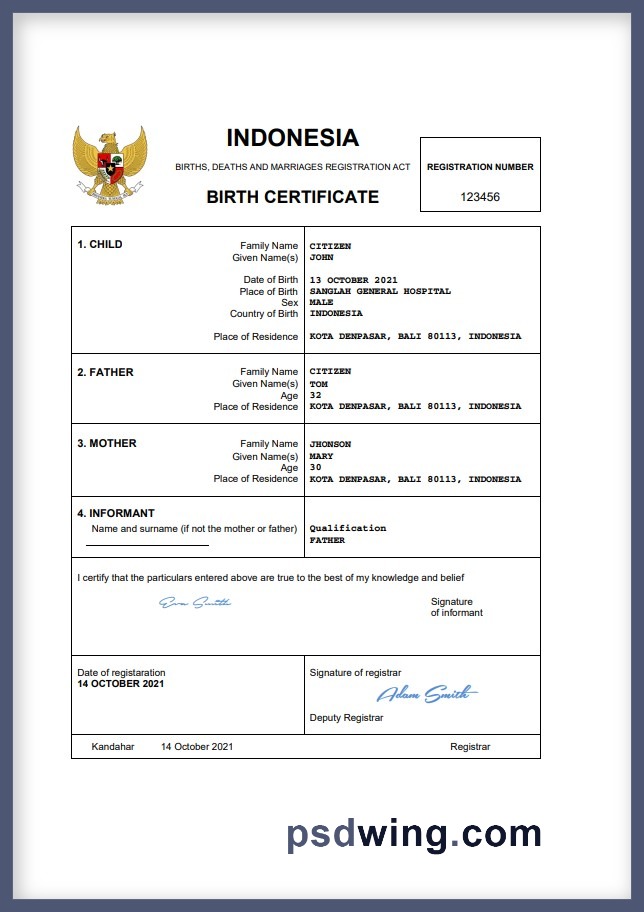 Indonesia Birth Certificate (Word & PDF)